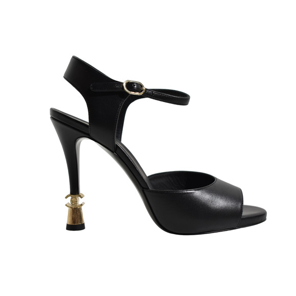 Chanel 22S Black Lambskin Leather CC Gold Heel Logo Ankle Strap Sandal Pump 38 - Picture 1 of 11